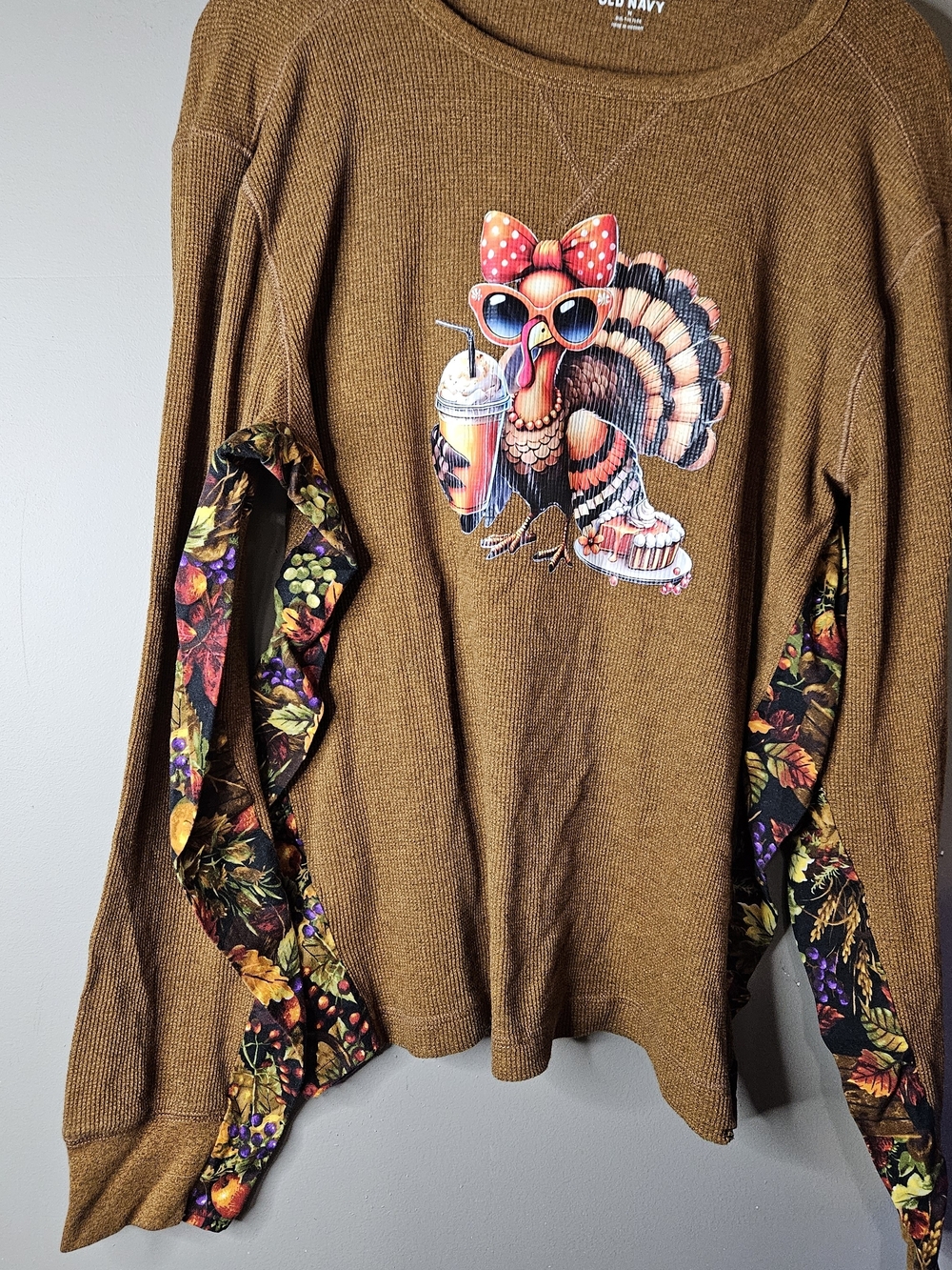 Old Navy Brown Waffle Knit Turkey Graphic Crew Neck Pullover Sweater Women XL